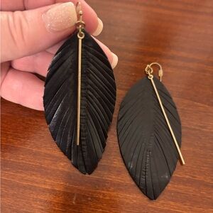 Black Leaf Drop Leather Earrings with Gold Accent - Women Jewelry